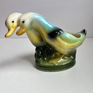 Vintage Double Duck Planter Figural Ceramic MCM Teal Green Yellow Drip Glaze